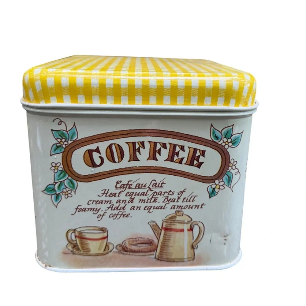 Vintage 4 Pc Metal Canister Set Recipe Flour Sugar Coffee Tea Yellow Gingham